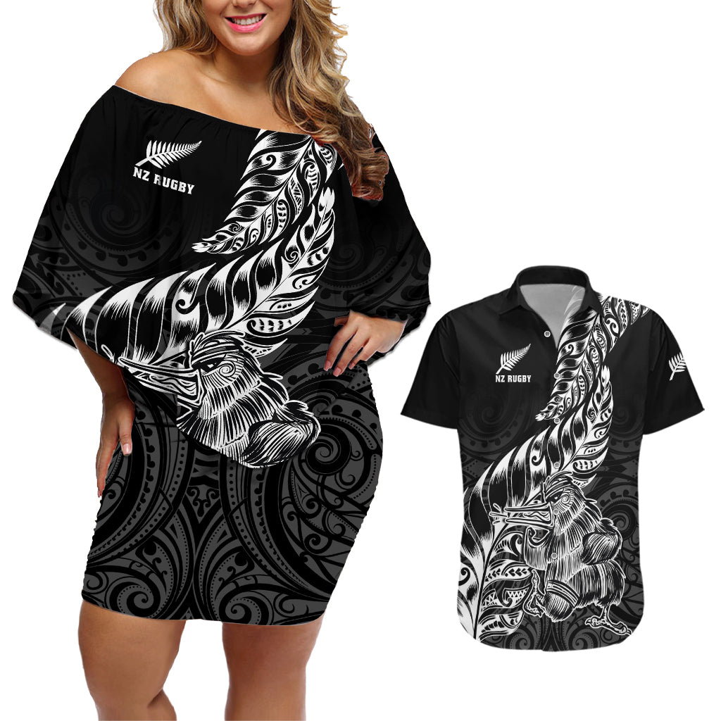 New Zealand Silver Fern Rugby Couples Matching Off Shoulder Short Dress and Hawaiian Shirt Aotearoa Kiwi Maori Black Version - Wonder Print Shop