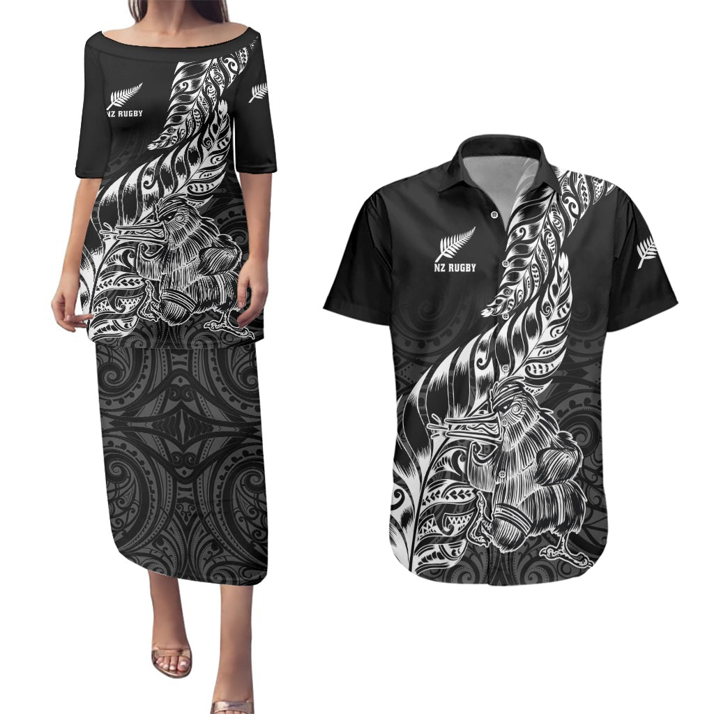 New Zealand Silver Fern Rugby Couples Matching Puletasi Dress and Hawaiian Shirt Aotearoa Kiwi Maori Black Version - Wonder Print Shop