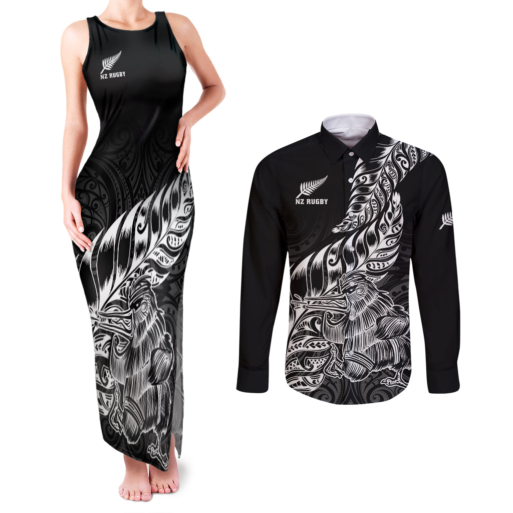 New Zealand Silver Fern Rugby Couples Matching Tank Maxi Dress and Long Sleeve Button Shirts Aotearoa Kiwi Maori Black Version - Wonder Print Shop