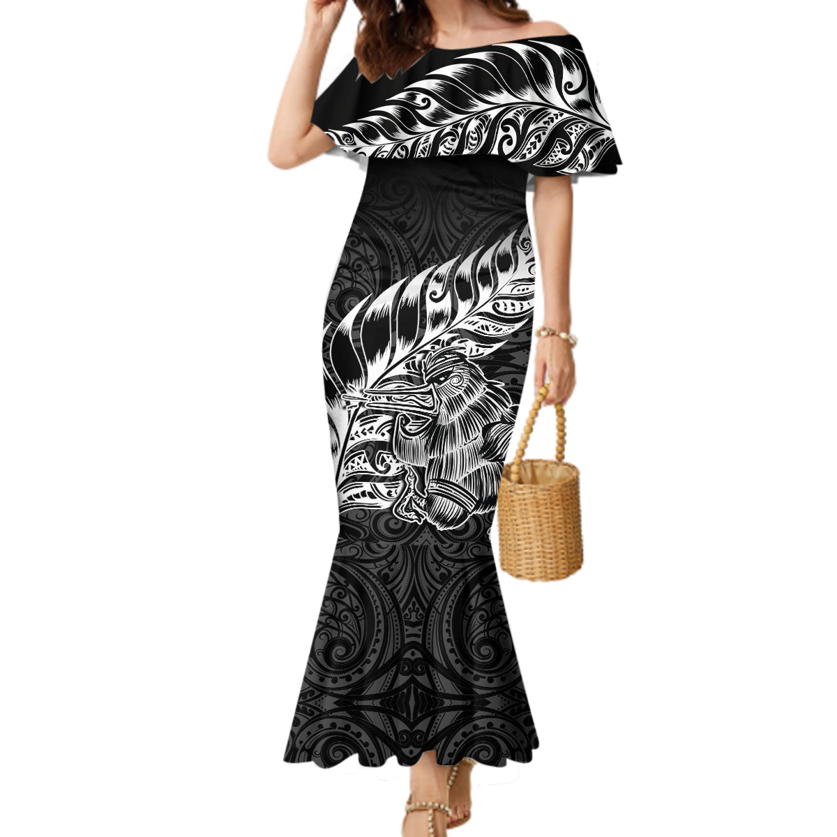 New Zealand Silver Fern Rugby Mermaid Dress Aotearoa Kiwi Maori Black Version - Wonder Print Shop