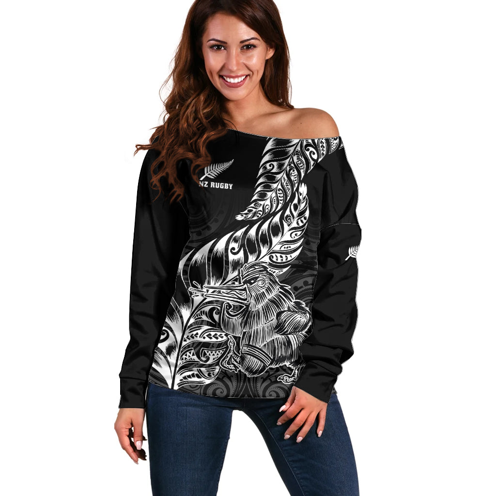 New Zealand Silver Fern Rugby Off Shoulder Sweater Aotearoa Kiwi Maori Black Version - Wonder Print Shop