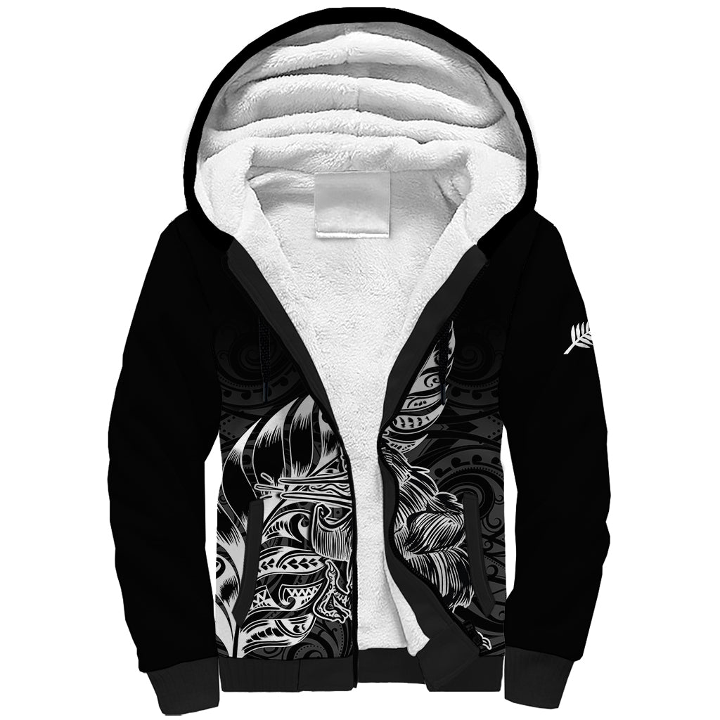 New Zealand Silver Fern Rugby Sherpa Hoodie Aotearoa Kiwi Maori Black Version - Wonder Print Shop