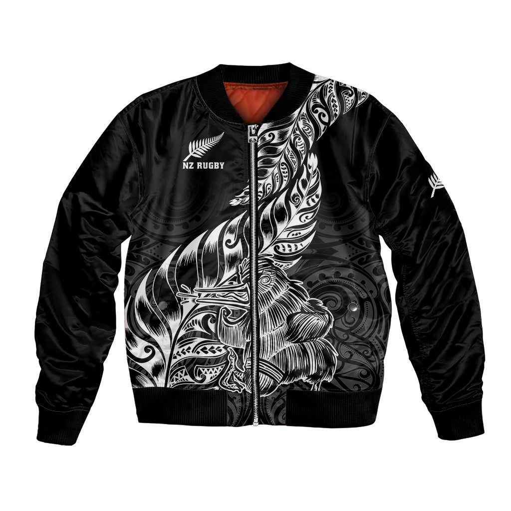 Black unisex satin bomber jacket with front zipper and white Polynesian-style graphic