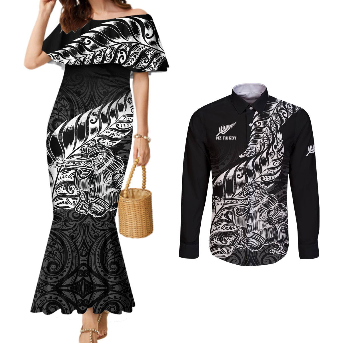 custom-new-zealand-silver-fern-rugby-couples-matching-mermaid-dress-and-long-sleeve-button-shirts-aotearoa-kiwi-maori-black-version