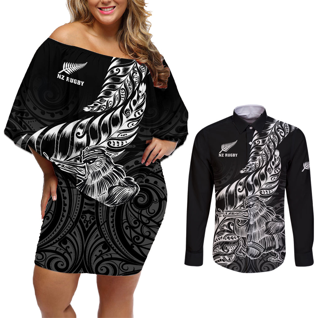 Custom New Zealand Silver Fern Rugby Couples Matching Off Shoulder Short Dress and Long Sleeve Button Shirts Aotearoa Kiwi Maori Black Version - Wonder Print Shop