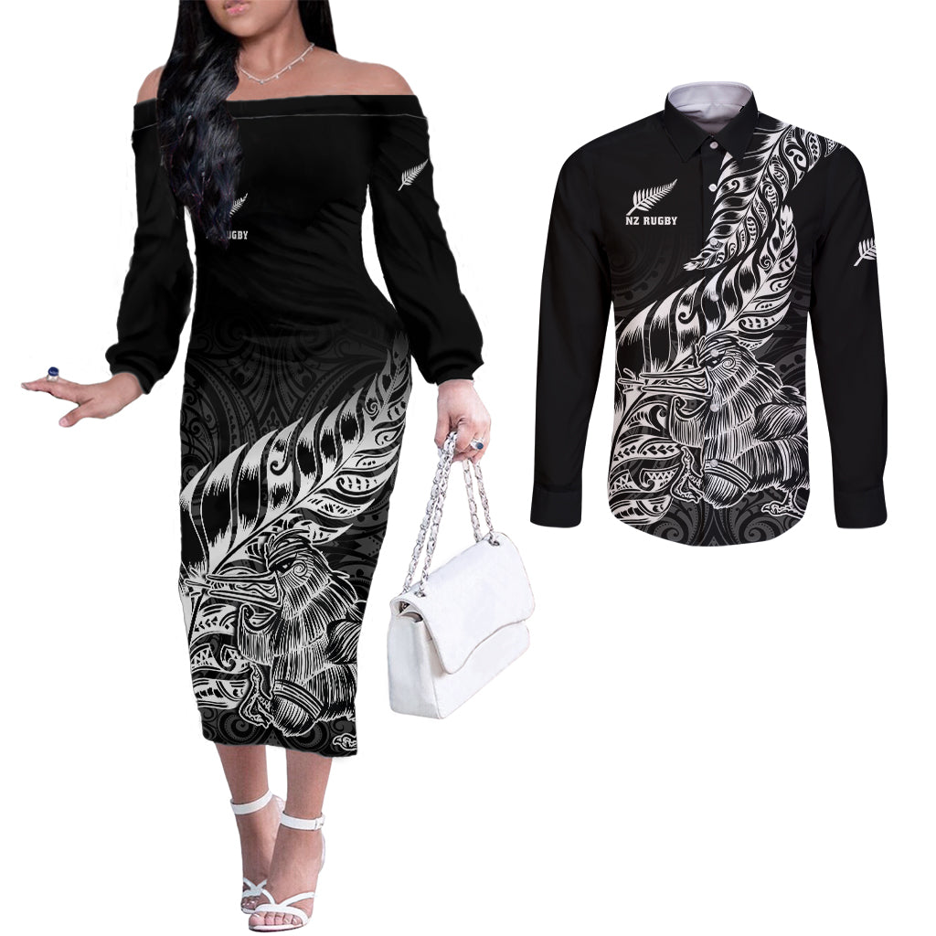 custom-new-zealand-silver-fern-rugby-couples-matching-off-the-shoulder-long-sleeve-dress-and-long-sleeve-button-shirts-aotearoa-kiwi-maori-black-version