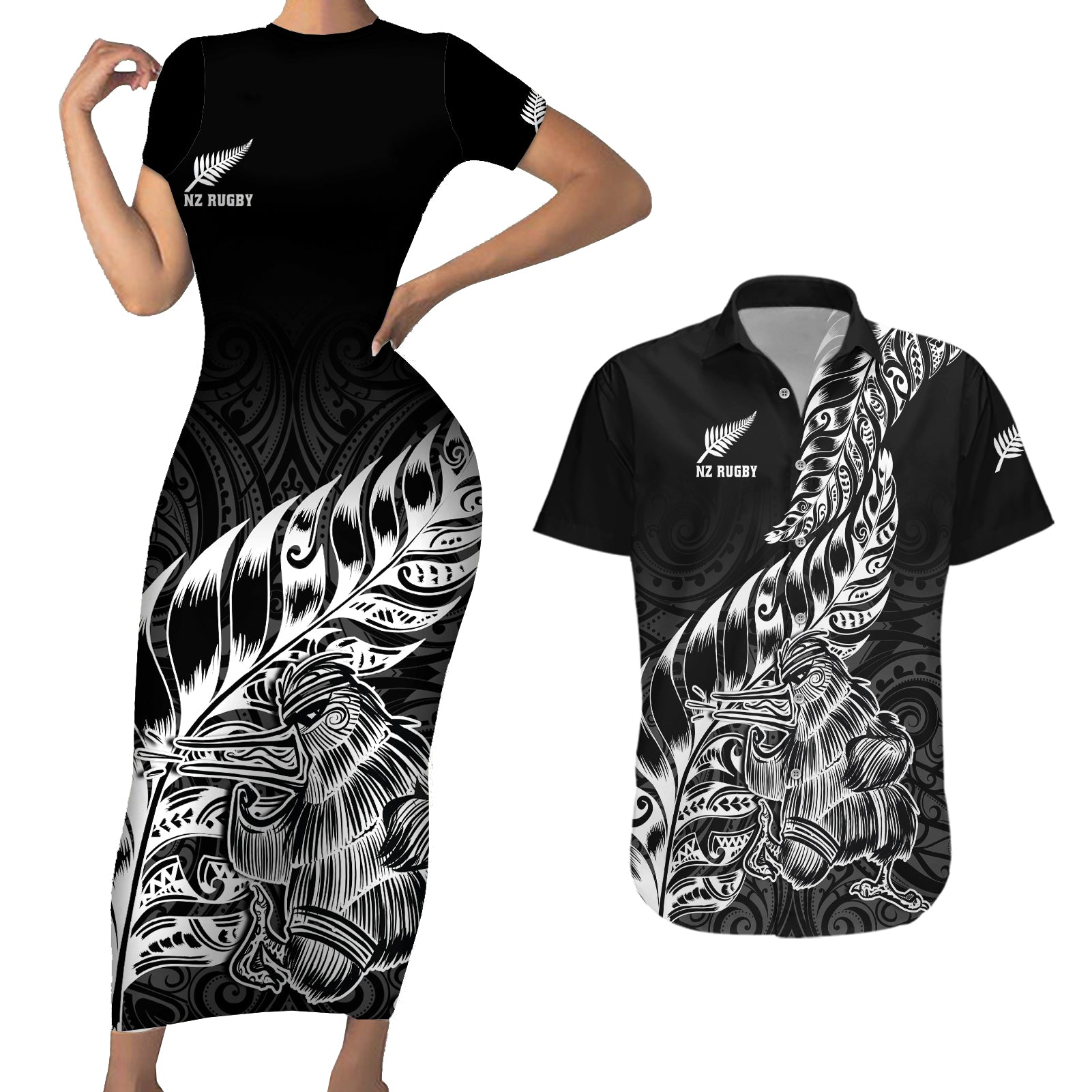 Custom New Zealand Silver Fern Rugby Couples Matching Short Sleeve Bodycon Dress and Hawaiian Shirt Aotearoa Kiwi Maori Black Version - Wonder Print Shop