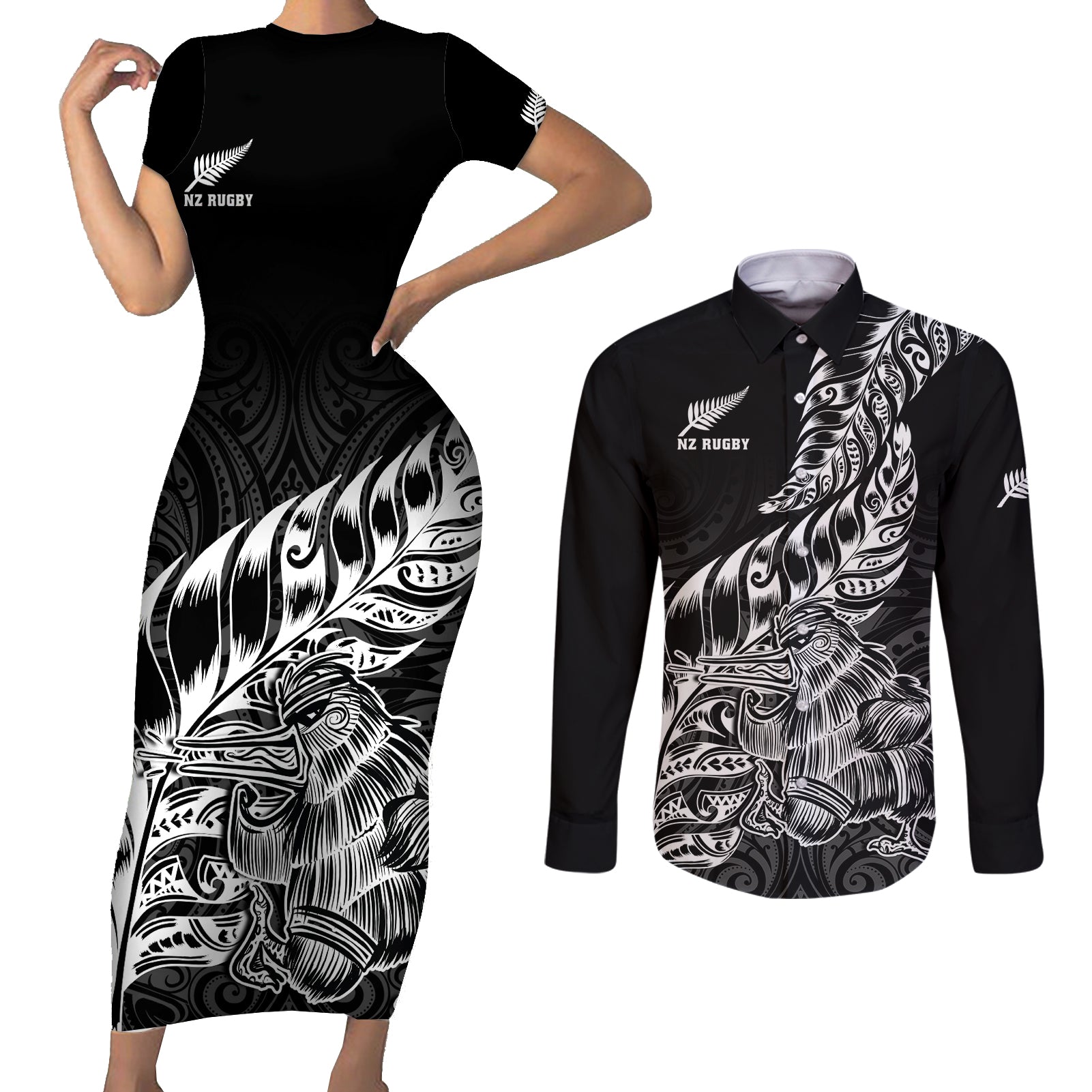 Custom New Zealand Silver Fern Rugby Couples Matching Short Sleeve Bodycon Dress and Long Sleeve Button Shirts Aotearoa Kiwi Maori Black Version - Wonder Print Shop