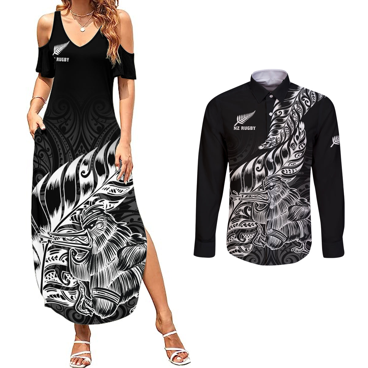 Custom New Zealand Silver Fern Rugby Couples Matching Summer Maxi Dress and Long Sleeve Button Shirts Aotearoa Kiwi Maori Black Version - Wonder Print Shop