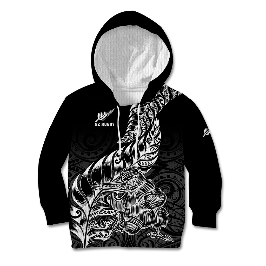 Custom New Zealand Silver Fern Rugby Kid Hoodie Aotearoa Kiwi Maori Black Version - Wonder Print Shop