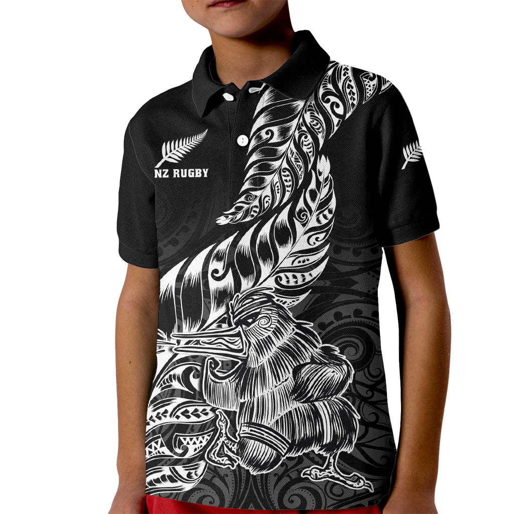 Custom New Zealand Silver Fern Rugby Kid Polo Shirt Aotearoa Kiwi Maori Black Version - Wonder Print Shop