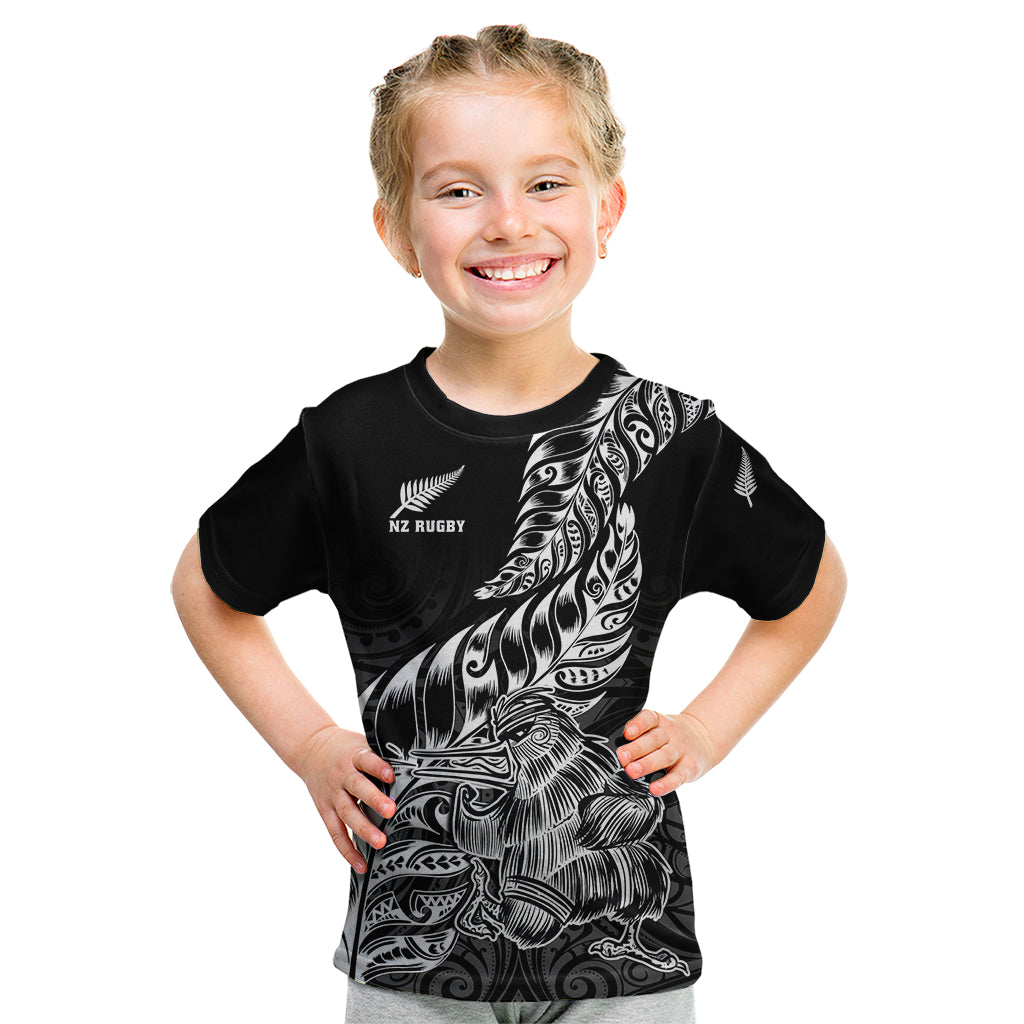 Custom New Zealand Silver Fern Rugby Kid T Shirt Aotearoa Kiwi Maori Black Version - Wonder Print Shop