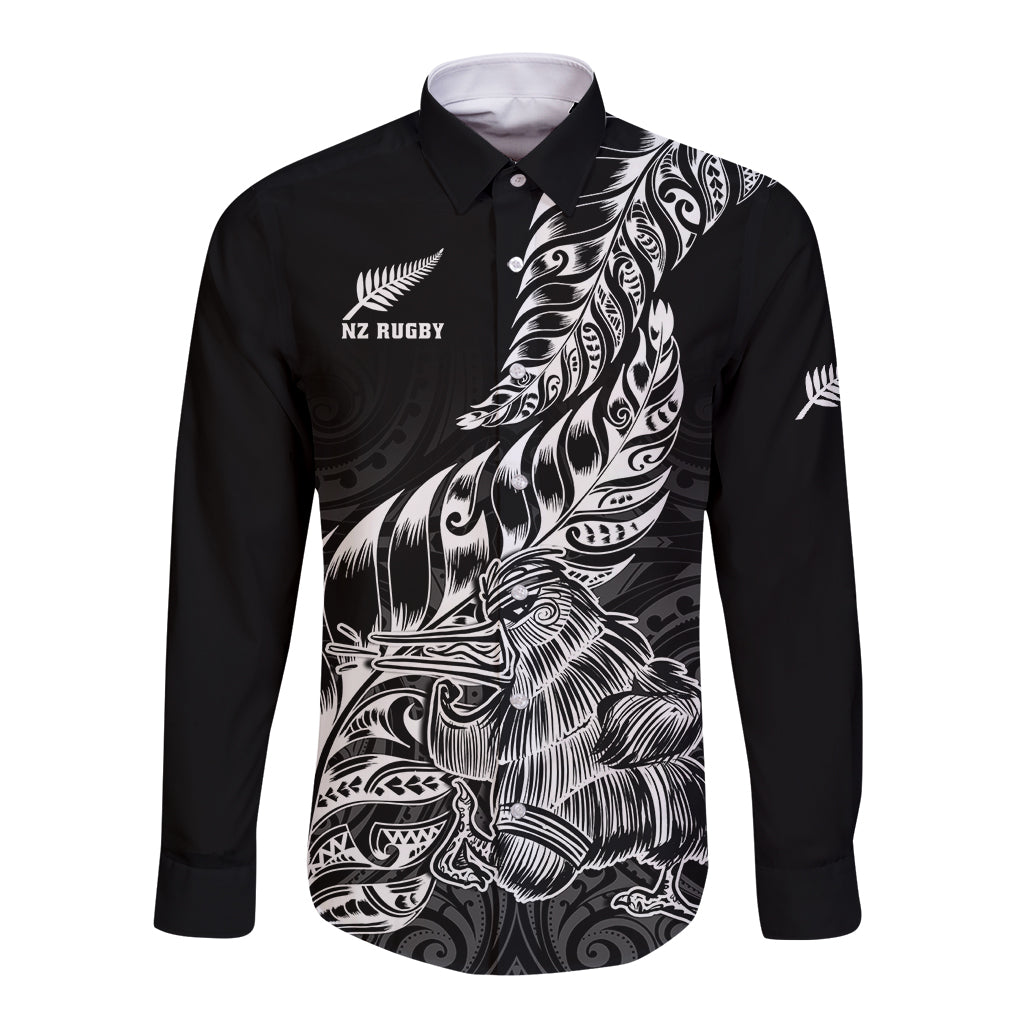 Custom New Zealand Silver Fern Rugby Long Sleeve Button Shirt Aotearoa Kiwi Maori Black Version - Wonder Print Shop