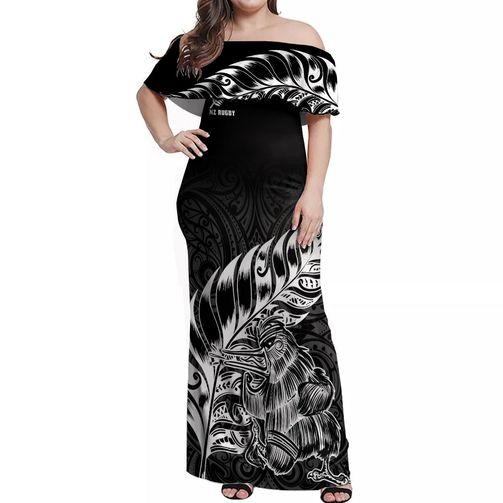 Custom New Zealand Silver Fern Rugby Off Shoulder Maxi Dress Aotearoa Kiwi Maori Black Version - Wonder Print Shop