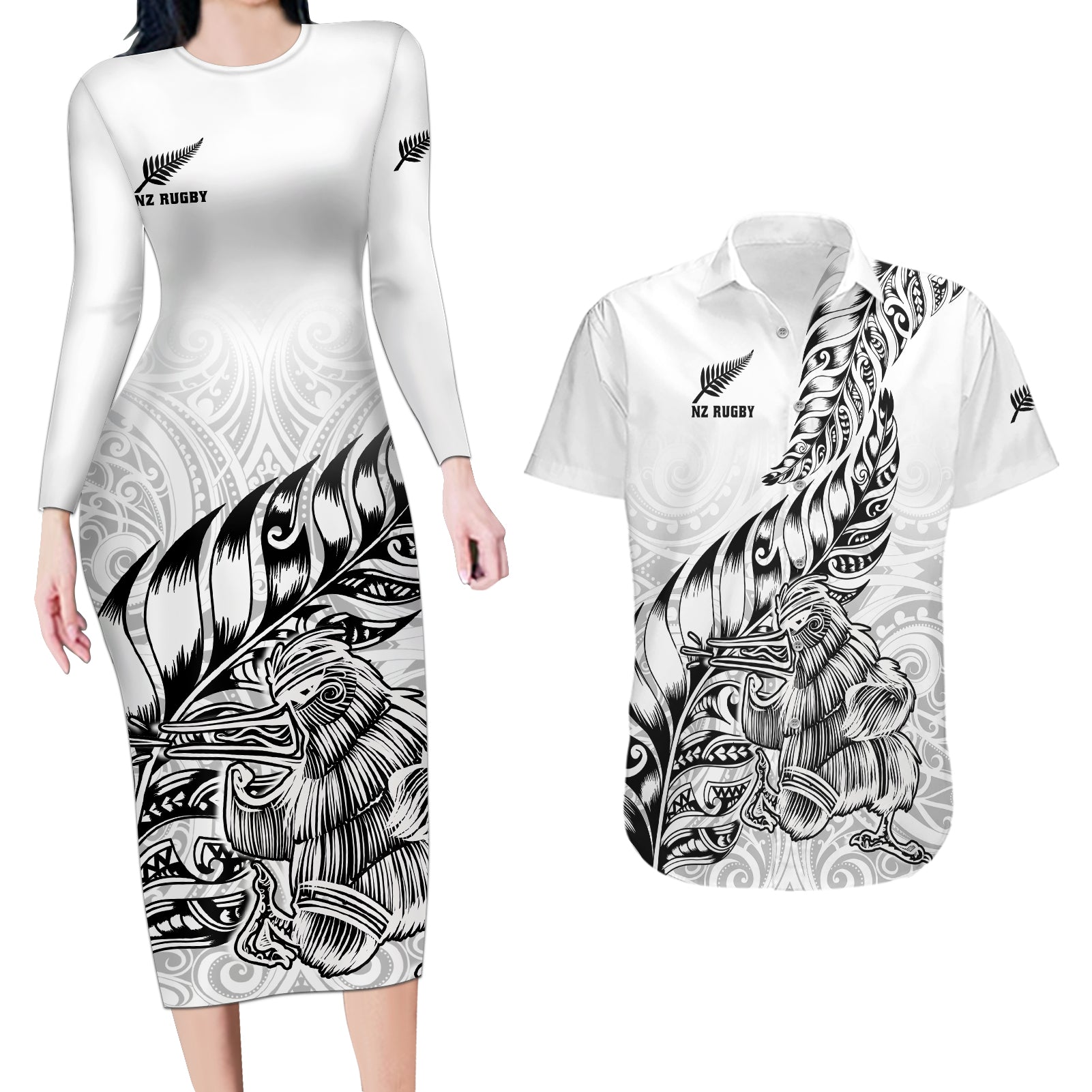 New Zealand Silver Fern Rugby Couples Matching Long Sleeve Bodycon Dress and Hawaiian Shirt Aotearoa Kiwi Maori White Version - Wonder Print Shop