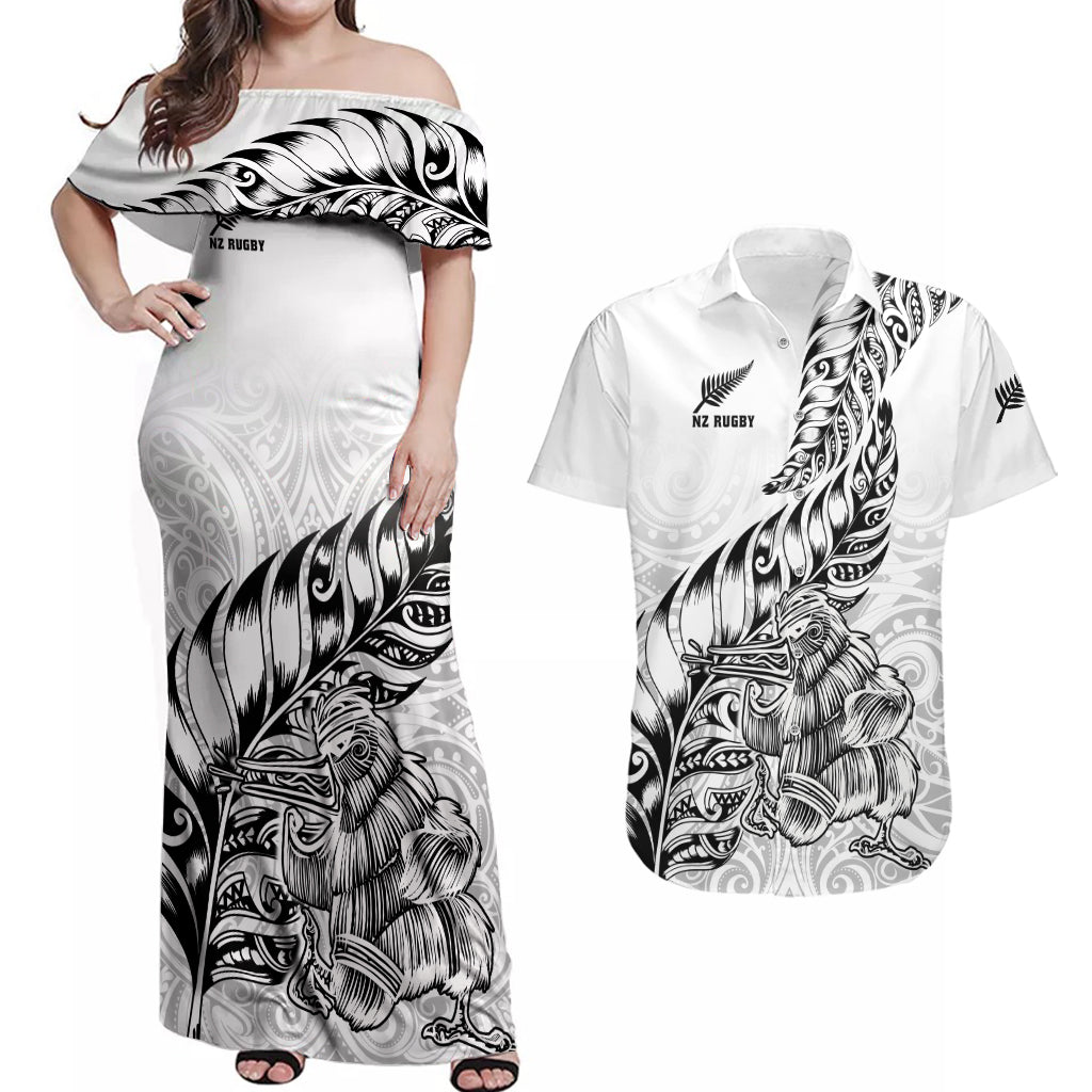 New Zealand Silver Fern Rugby Couples Matching Off Shoulder Maxi Dress and Hawaiian Shirt Aotearoa Kiwi Maori White Version - Wonder Print Shop