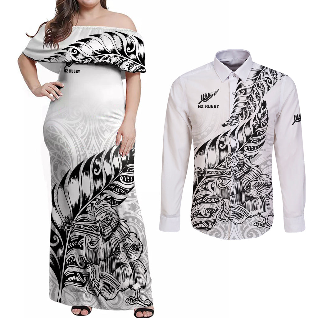 New Zealand Silver Fern Rugby Couples Matching Off Shoulder Maxi Dress and Long Sleeve Button Shirts Aotearoa Kiwi Maori White Version - Wonder Print Shop