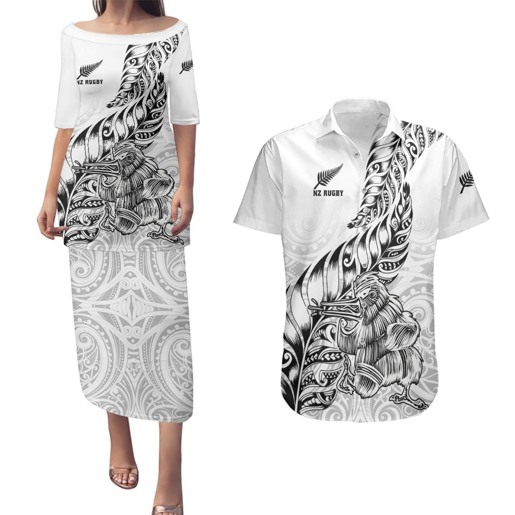 New Zealand Silver Fern Rugby Couples Matching Puletasi Dress and Hawaiian Shirt Aotearoa Kiwi Maori White Version - Wonder Print Shop