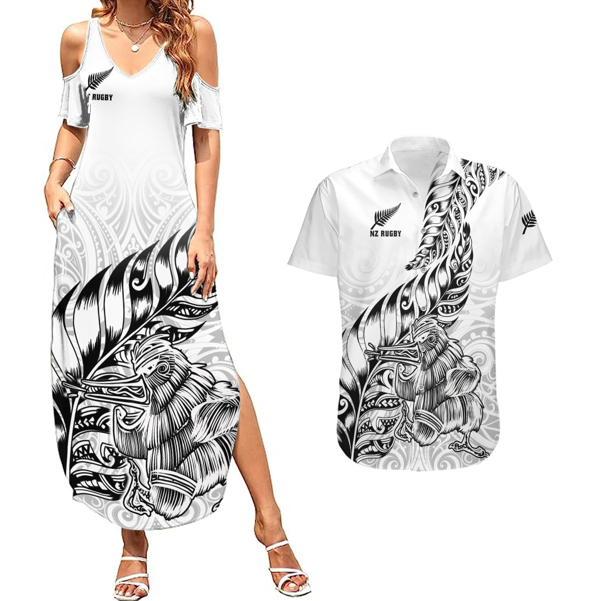 New Zealand Silver Fern Rugby Couples Matching Summer Maxi Dress and Hawaiian Shirt Aotearoa Kiwi Maori White Version - Wonder Print Shop