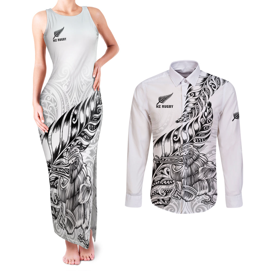 New Zealand Silver Fern Rugby Couples Matching Tank Maxi Dress and Long Sleeve Button Shirts Aotearoa Kiwi Maori White Version - Wonder Print Shop