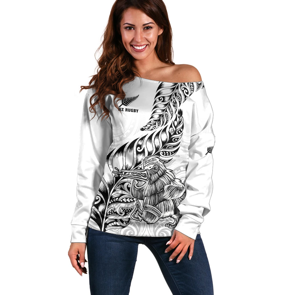 New Zealand Silver Fern Rugby Off Shoulder Sweater Aotearoa Kiwi Maori White Version - Wonder Print Shop