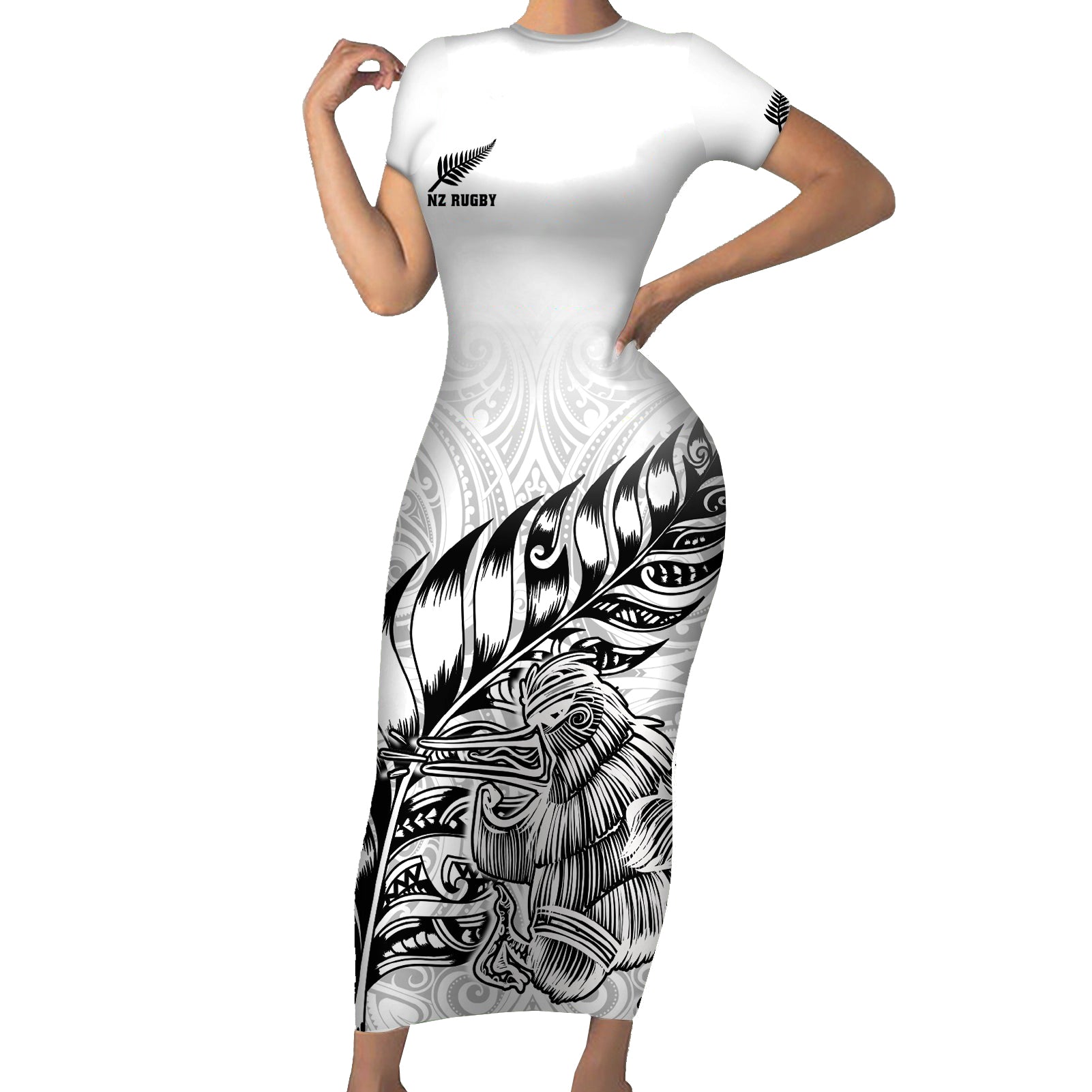 New Zealand Silver Fern Rugby Short Sleeve Bodycon Dress Aotearoa Kiwi Maori White Version - Wonder Print Shop