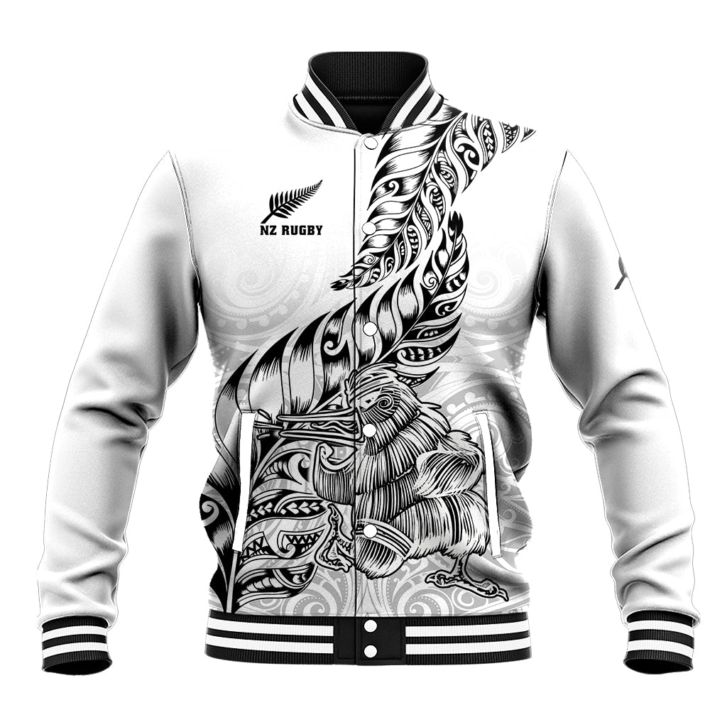 White baseball-style rugby jacket with black ribbed collar and cuffs, front graphic