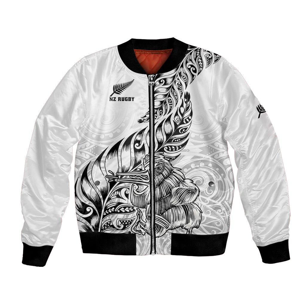 White zip-up bomber jacket with black rib trim and front Maori-style graphic