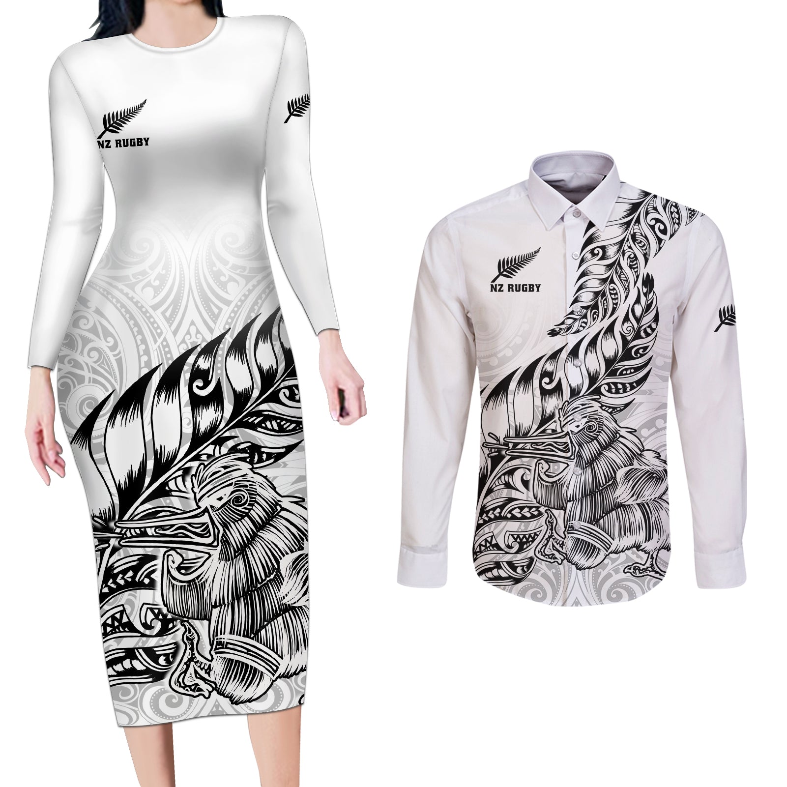 Custom New Zealand Silver Fern Rugby Couples Matching Long Sleeve Bodycon Dress and Long Sleeve Button Shirts Aotearoa Kiwi Maori White Version - Wonder Print Shop