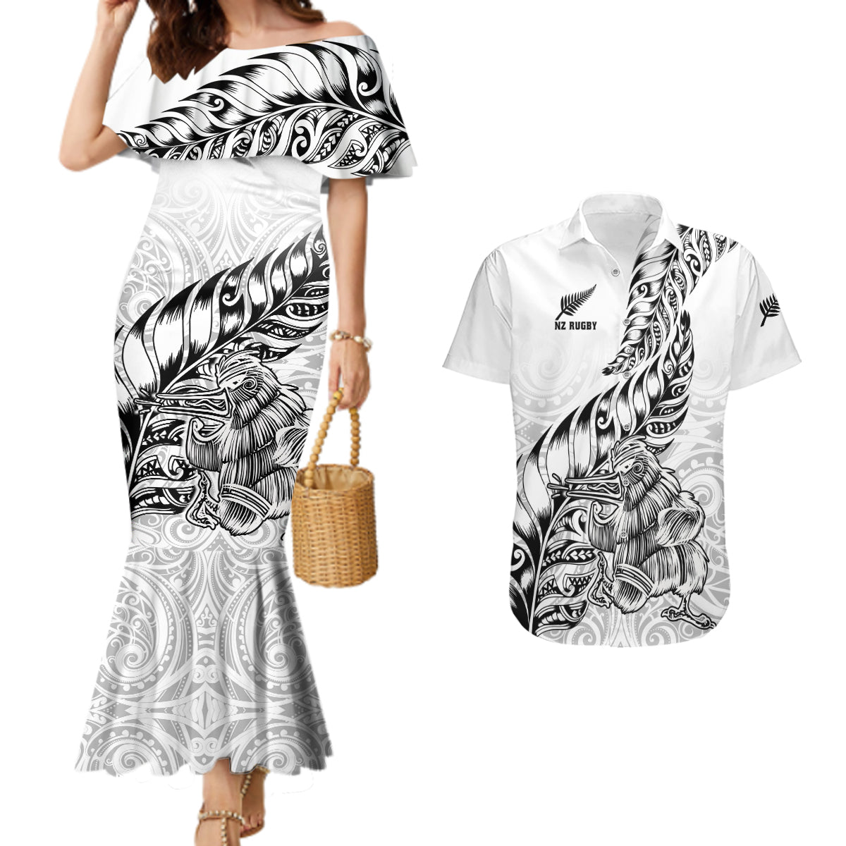 Custom New Zealand Silver Fern Rugby Couples Matching Mermaid Dress and Hawaiian Shirt Aotearoa Kiwi Maori White Version - Wonder Print Shop