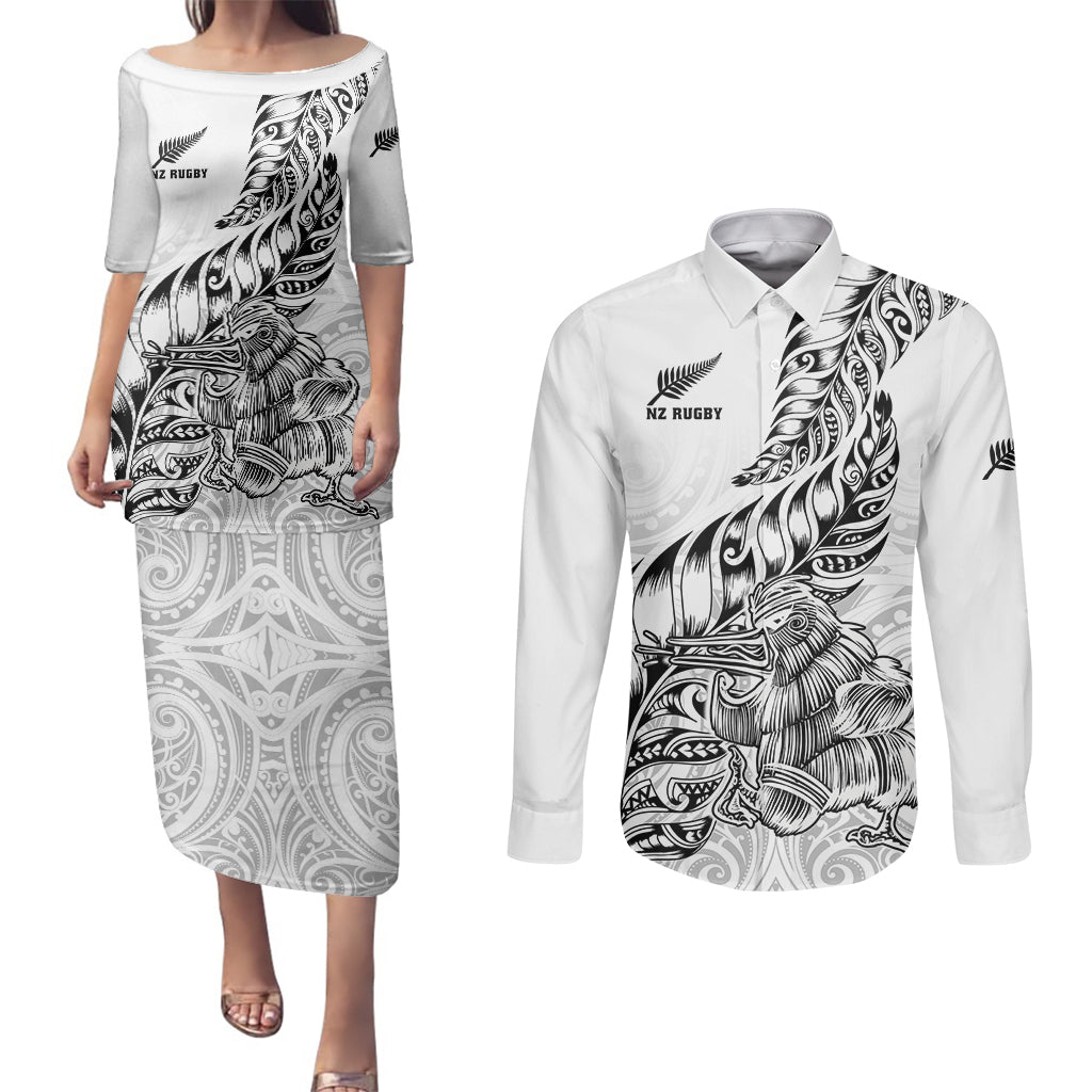 Custom New Zealand Silver Fern Rugby Couples Matching Puletasi Dress and Long Sleeve Button Shirts Aotearoa Kiwi Maori White Version - Wonder Print Shop