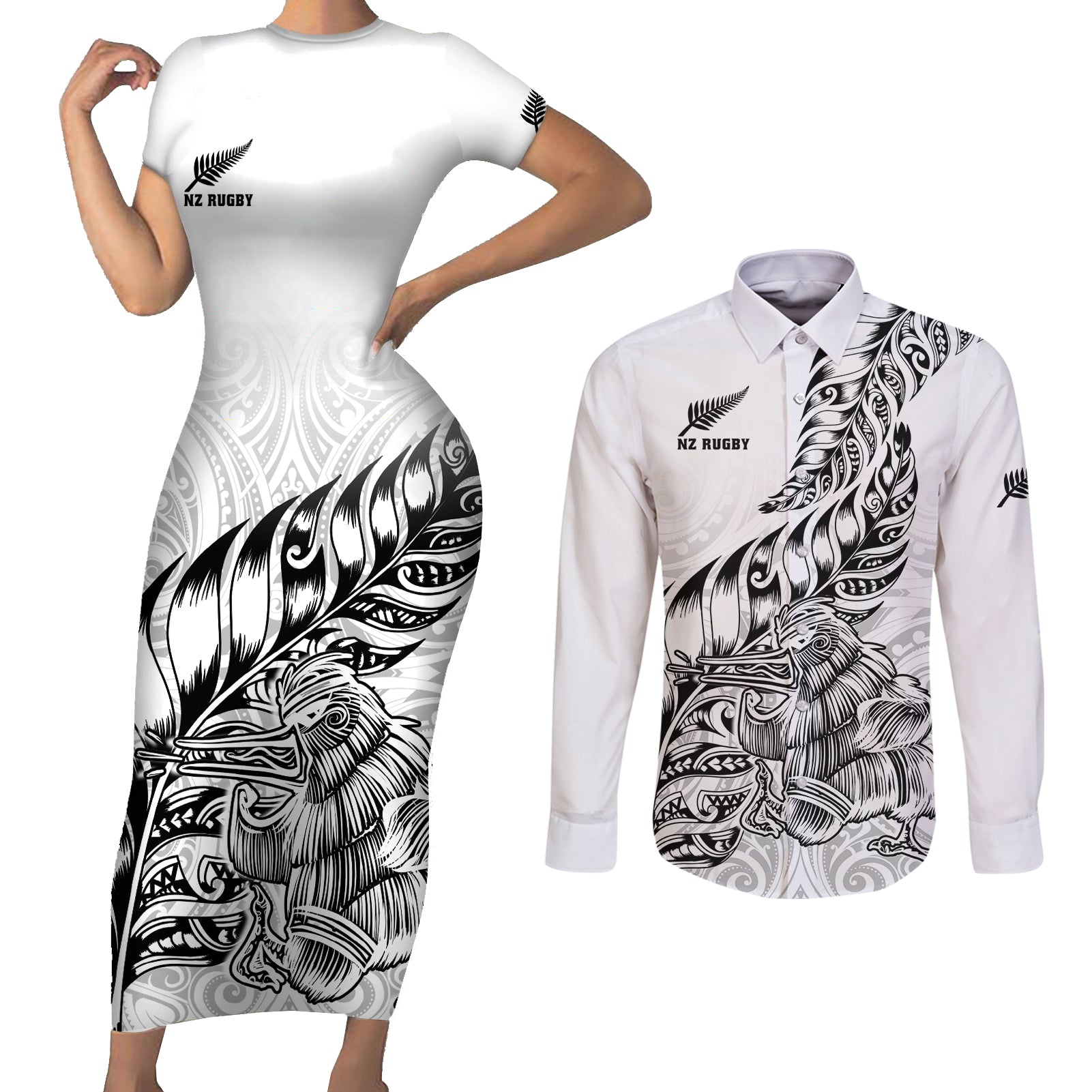 Custom New Zealand Silver Fern Rugby Couples Matching Short Sleeve Bodycon Dress and Long Sleeve Button Shirts Aotearoa Kiwi Maori White Version - Wonder Print Shop