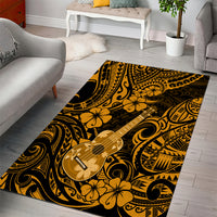 Gold and black Polynesian ukulele area rug with swirling motifs and flower details