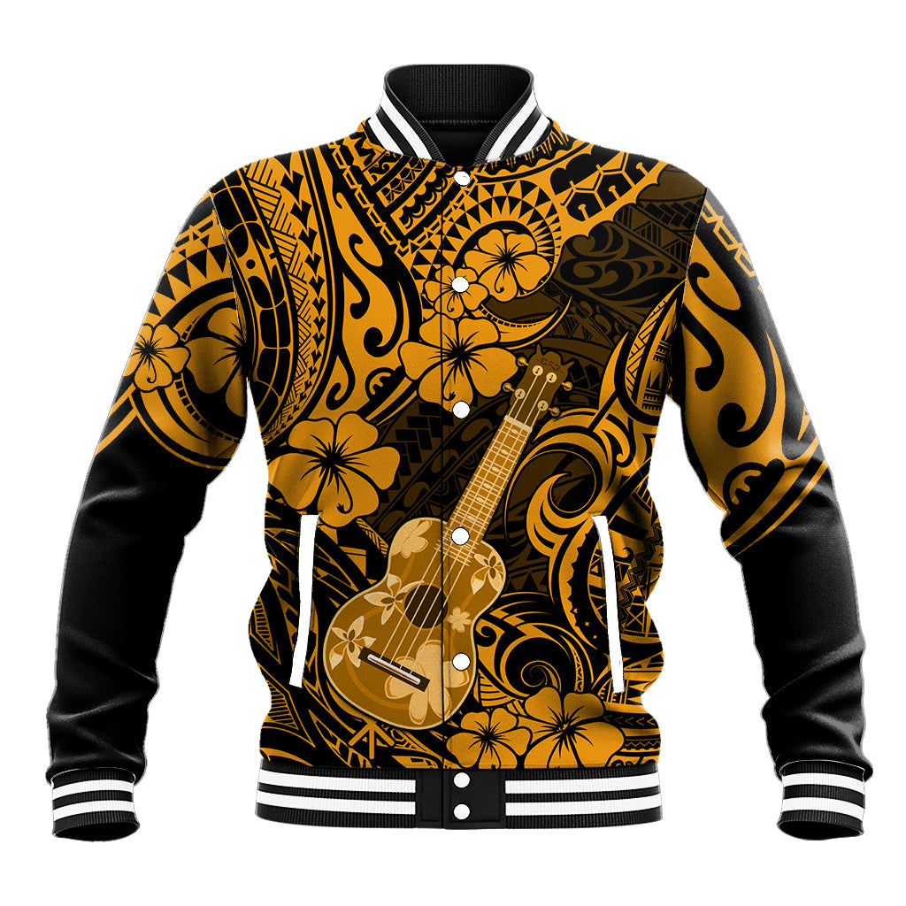 Gold and black Polynesian baseball jacket with hibiscus and guitar graphic, snap buttons