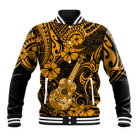 Gold and black Polynesian baseball jacket with hibiscus and guitar graphic, snap buttons
