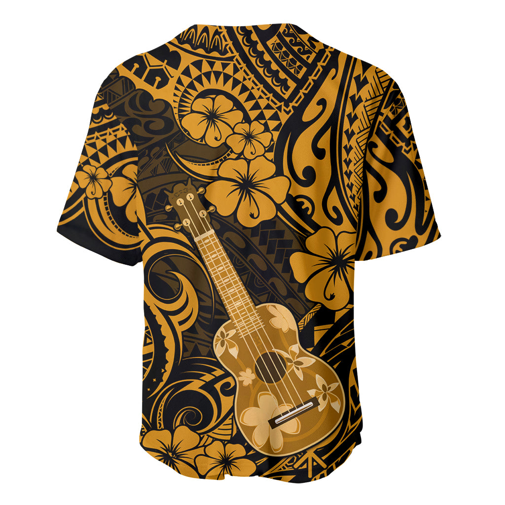 Hawaii ukulele baseball jersey in gold and black with ukulele and floral pattern