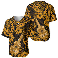 Hawaii ukulele baseball jersey in gold and black floral ukulele pattern, front and back