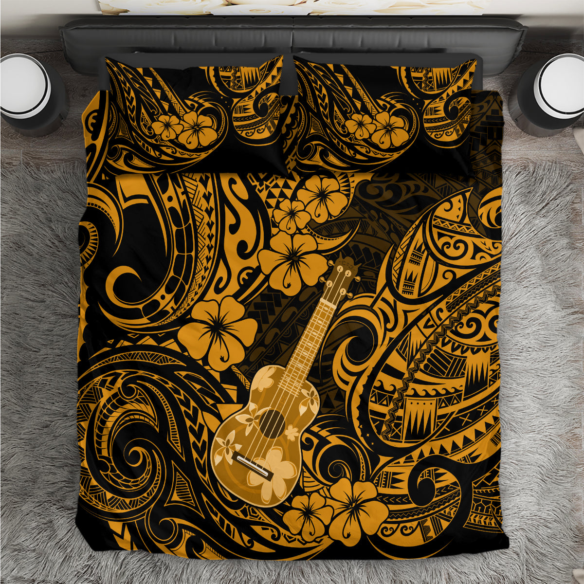 Gold and black ukulele bedding set with floral tribal pattern and matching pillowcases