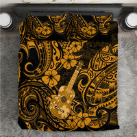 Gold and black ukulele bedding set with floral tribal pattern and matching pillowcases