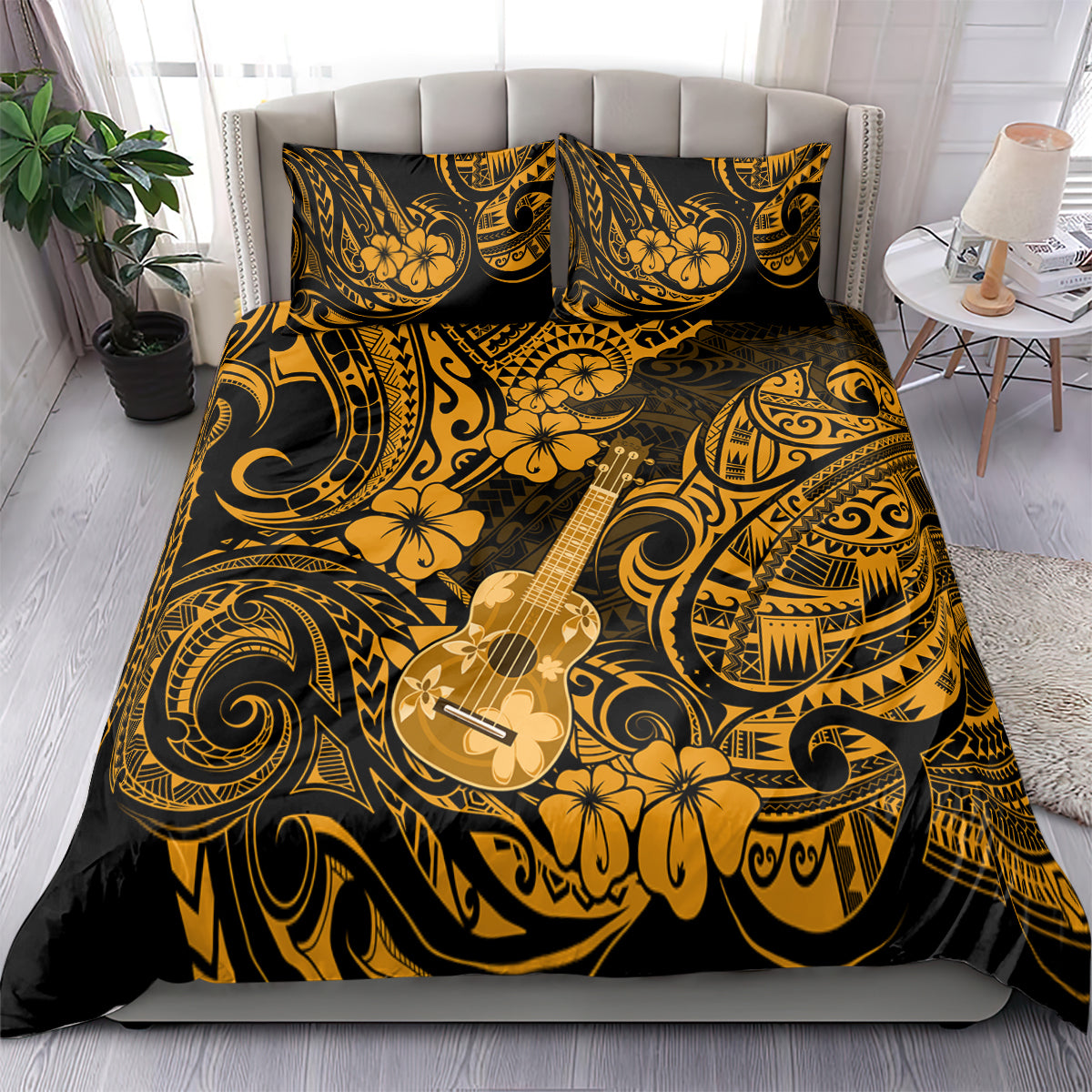 Gold and black patterned ukulele bedding set with two pillow shams and duvet