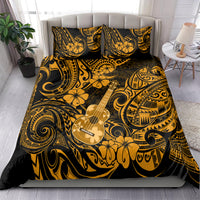 Gold and black patterned ukulele bedding set with two pillow shams and duvet