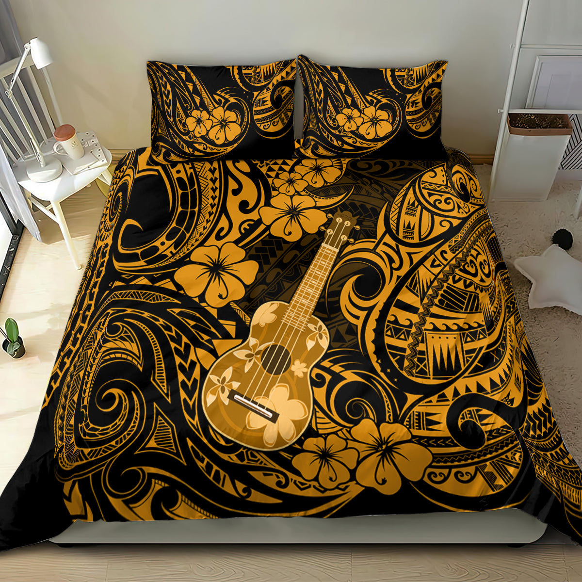 Gold and black ukulele bedding set with bold tribal swirls, flowers, and two pillow shams
