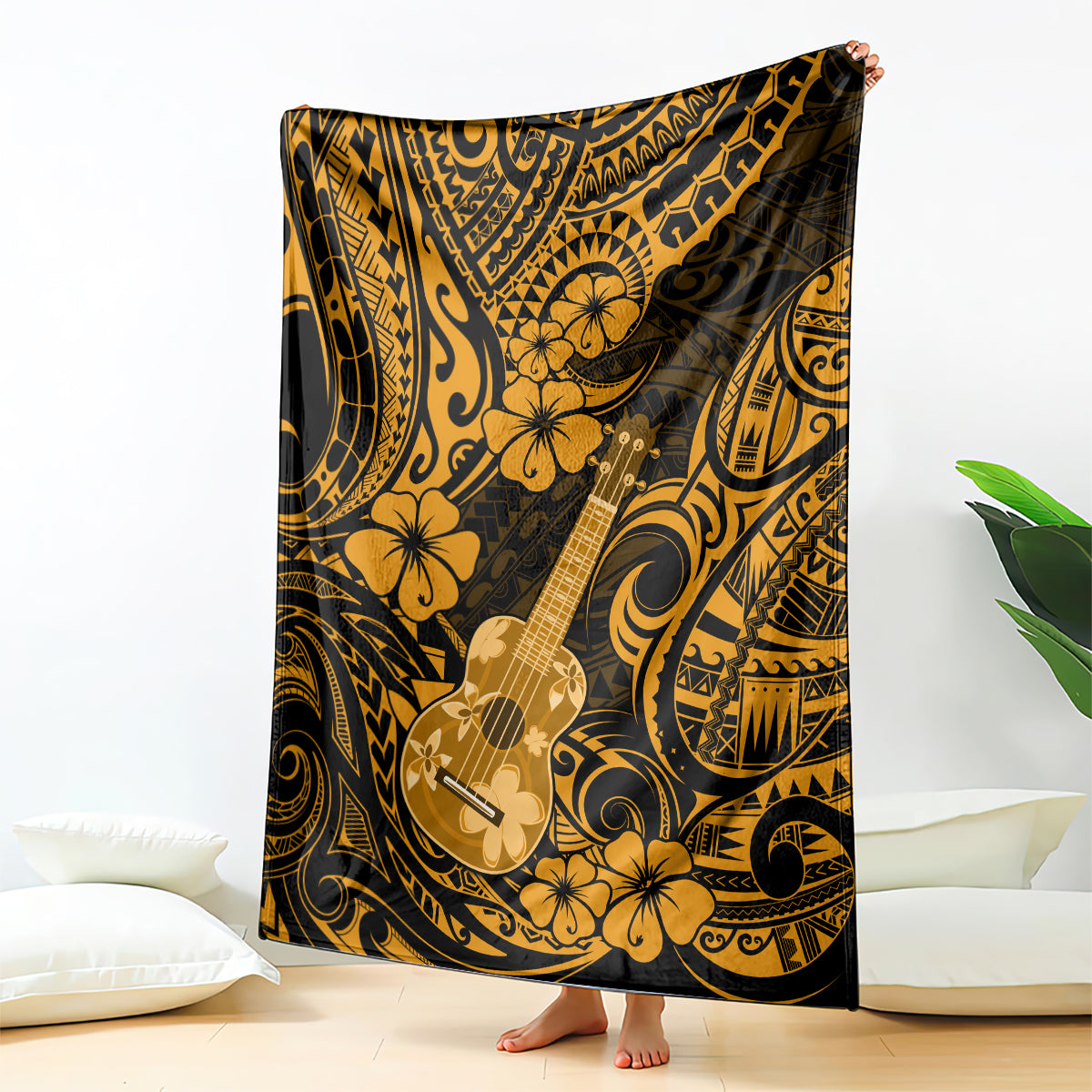 Gold and dark Hawaiian ukulele blanket with polynesian-style floral and wave pattern