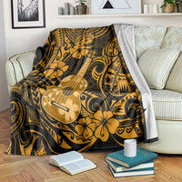 Hawaiian ukulele blanket over chair, gold and dark polynesian floral with guitar print