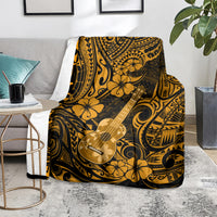 Hawaiian ukulele throw blanket, gold and dark polynesian swirl pattern with flower motifs