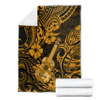 Hawaiian ukulele blanket with polynesian swirls and hibiscus flowers, gold on dark
