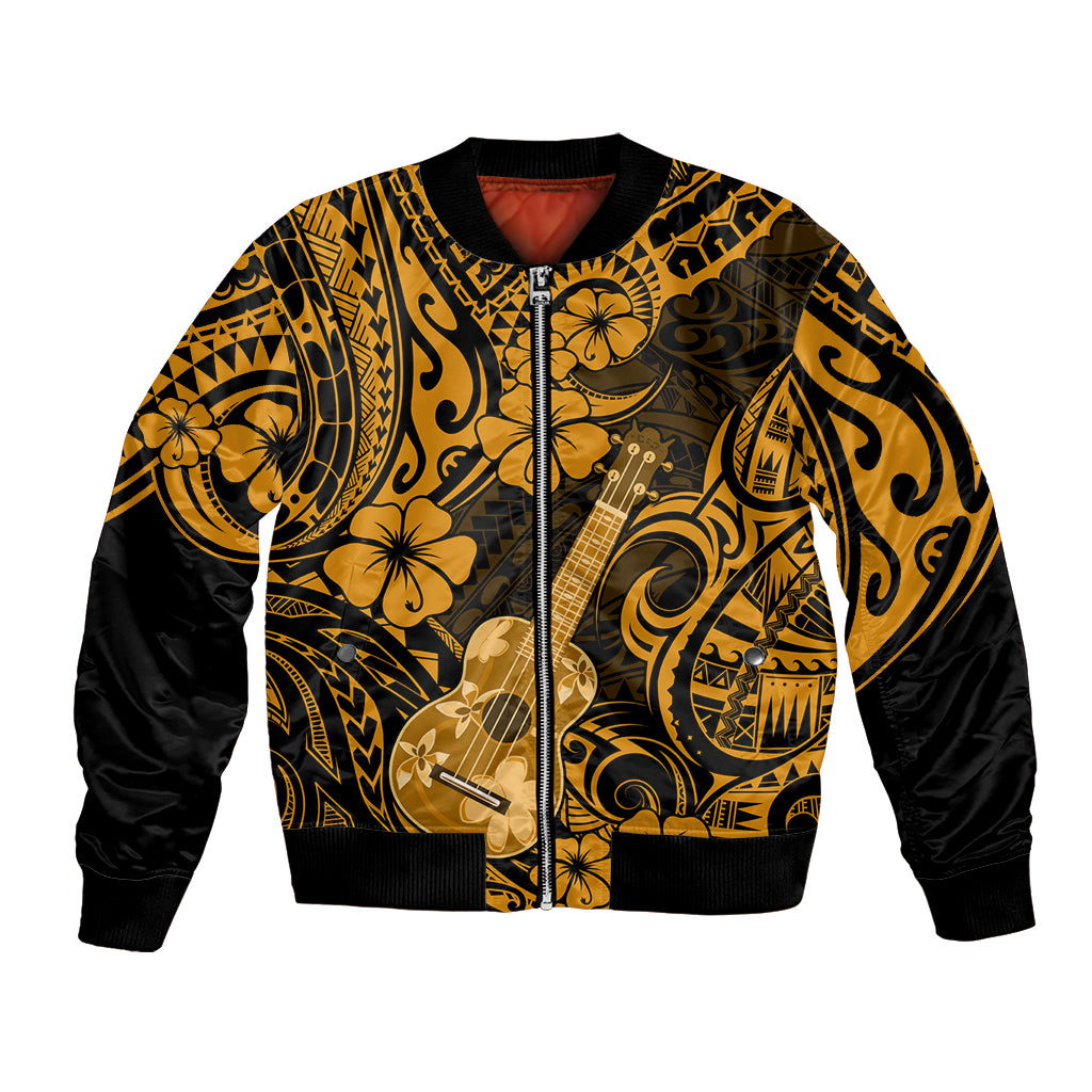 Unisex gold and black Polynesian bomber jacket with full-front zipper and floral pattern