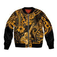 Unisex gold and black Polynesian bomber jacket with full-front zipper and floral pattern