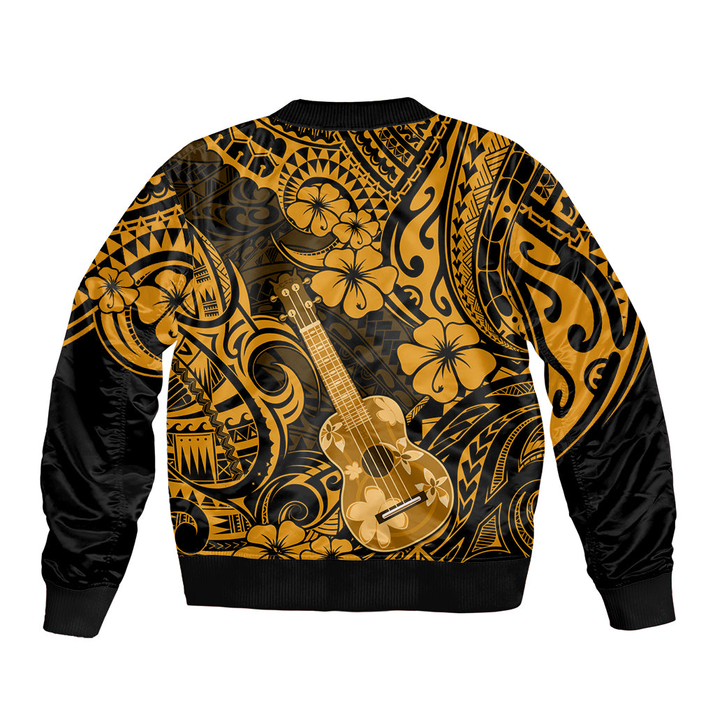 Unisex gold and black Polynesian bomber jacket with guitar print and ribbed hem