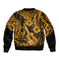 Unisex gold and black Polynesian bomber jacket with guitar print and ribbed hem